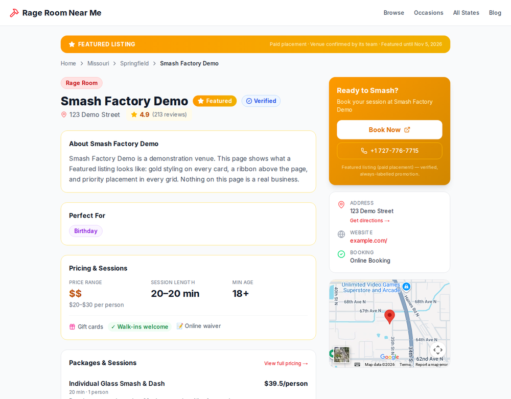 Example of a featured listing detail page: gold ribbon at the top, gold booking panel, featured and verified badges beside the venue name